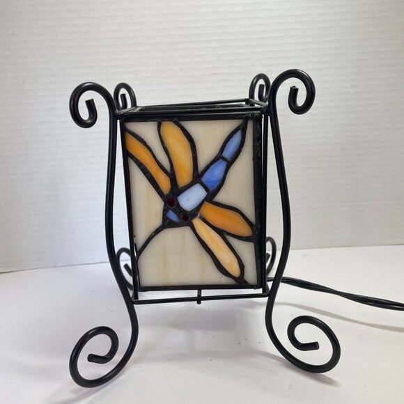 Stained Glass Dragonfly & Rose Panel Table Lamp With Black Metal Base - Picture 4 of 8